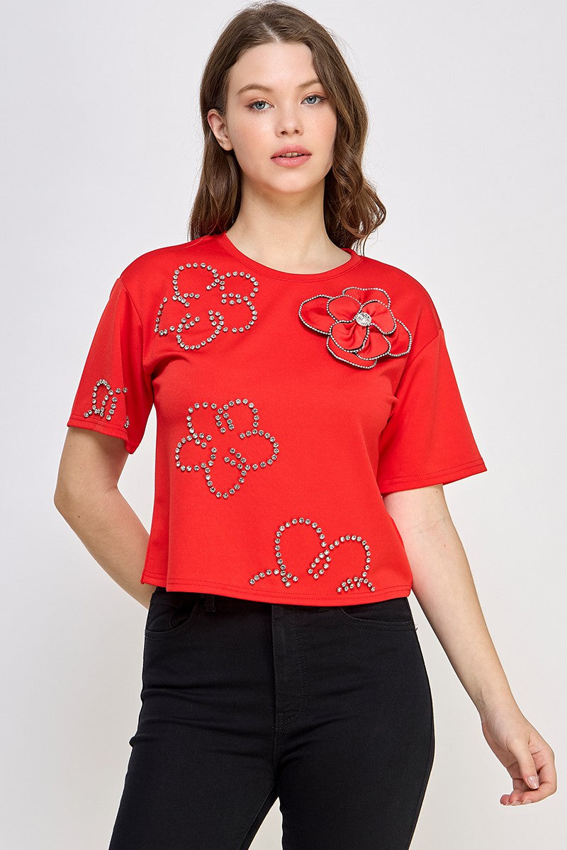 Pre-order Enero 13 Red Rhinestone Flower Top