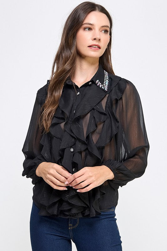 Black Rhinestone & Glitter detail Shirt