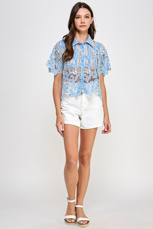 Blue See Through Crochet Shirt