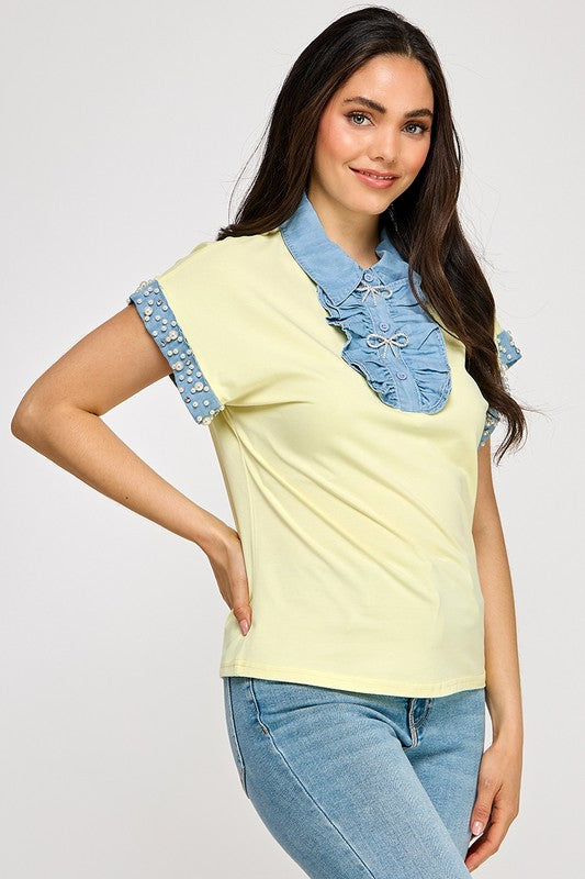Yellow Rhinestone Detail & Denim Top