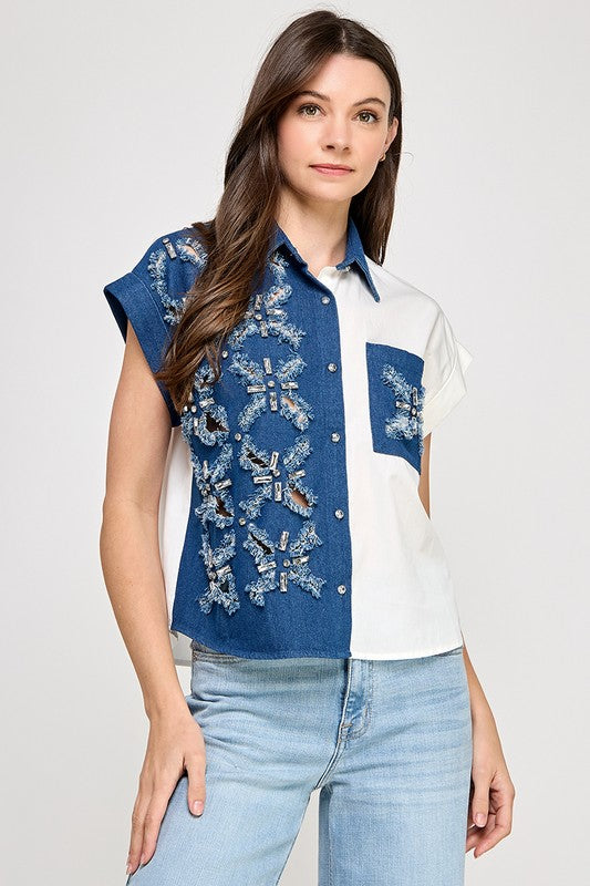 Rhinestone Details Denim Color Block Top