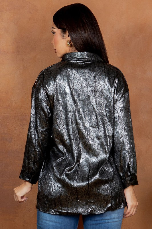 3Q Sleeve Black Shiny Button Down Shirt