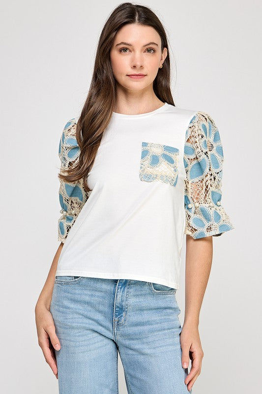 Light Blue Floral Lace Sleeve Shirt