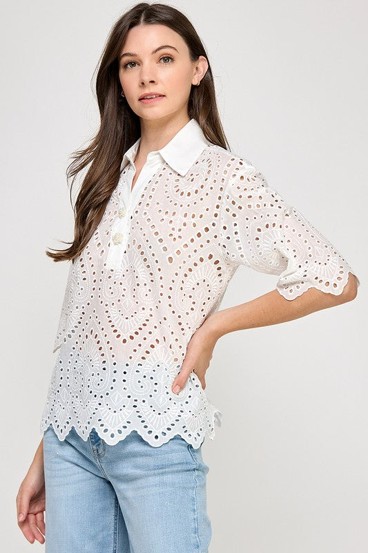 White Keyhole Detail Collar Polo Top