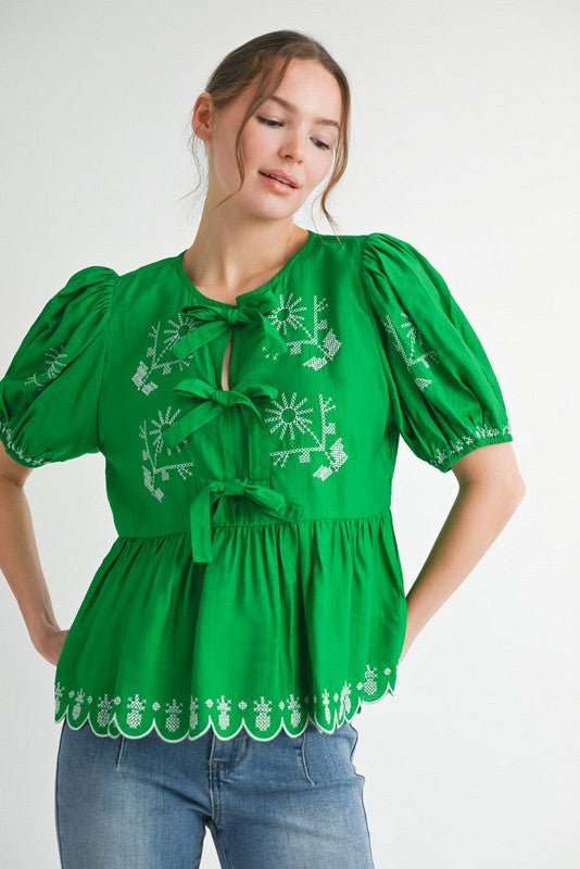Kelly Green Peplum Embroidery Top