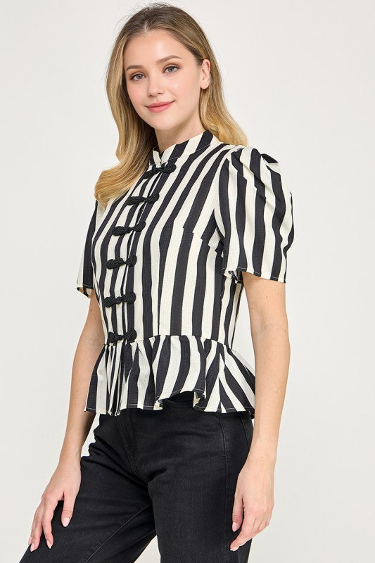 Pre-order Oct 19 Black Puffed Sleeve Mandarin Peplum Shirt