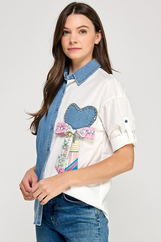 Denim Color Block Heart Shirt