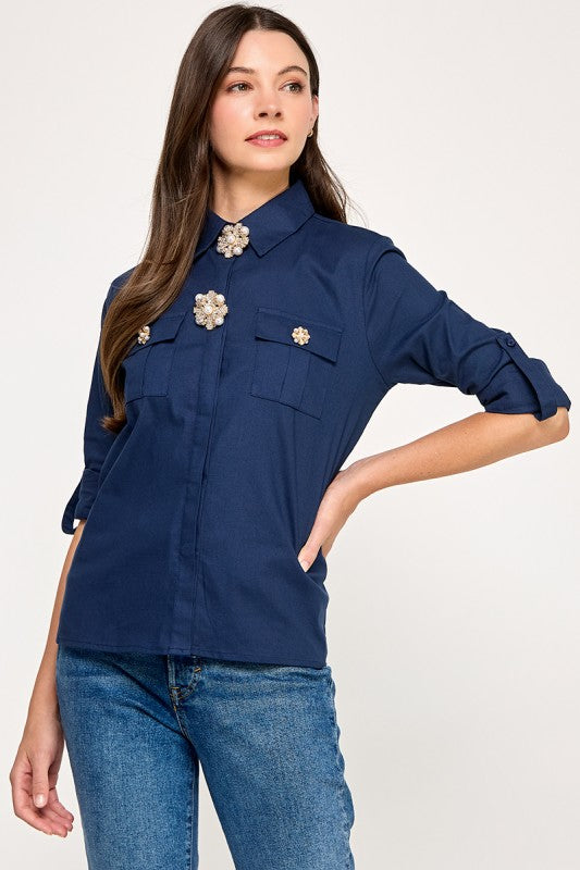Navy Brooch Details Shirt