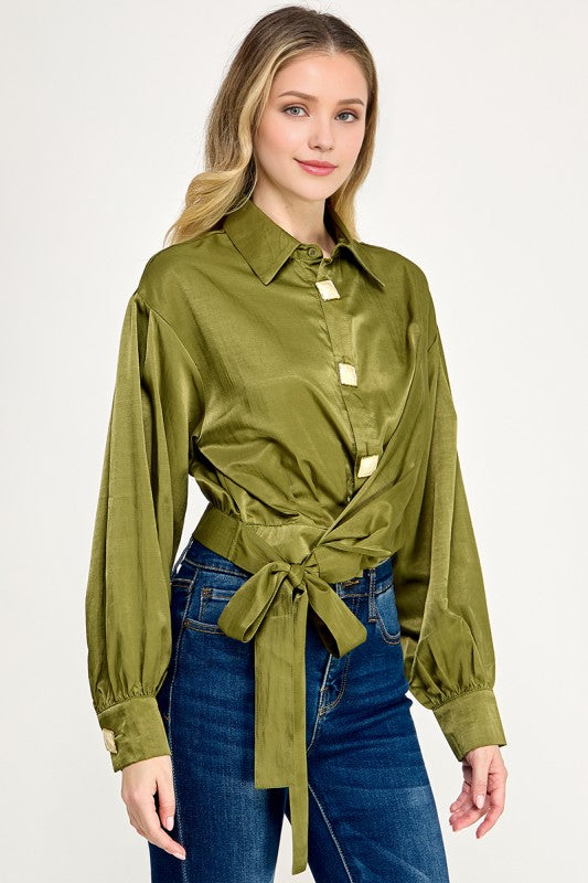 Pre-order Nov 2 Olive Wrap Satin Blouse