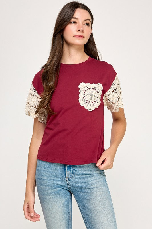 Burgundy Lace Crochet T-Shirt