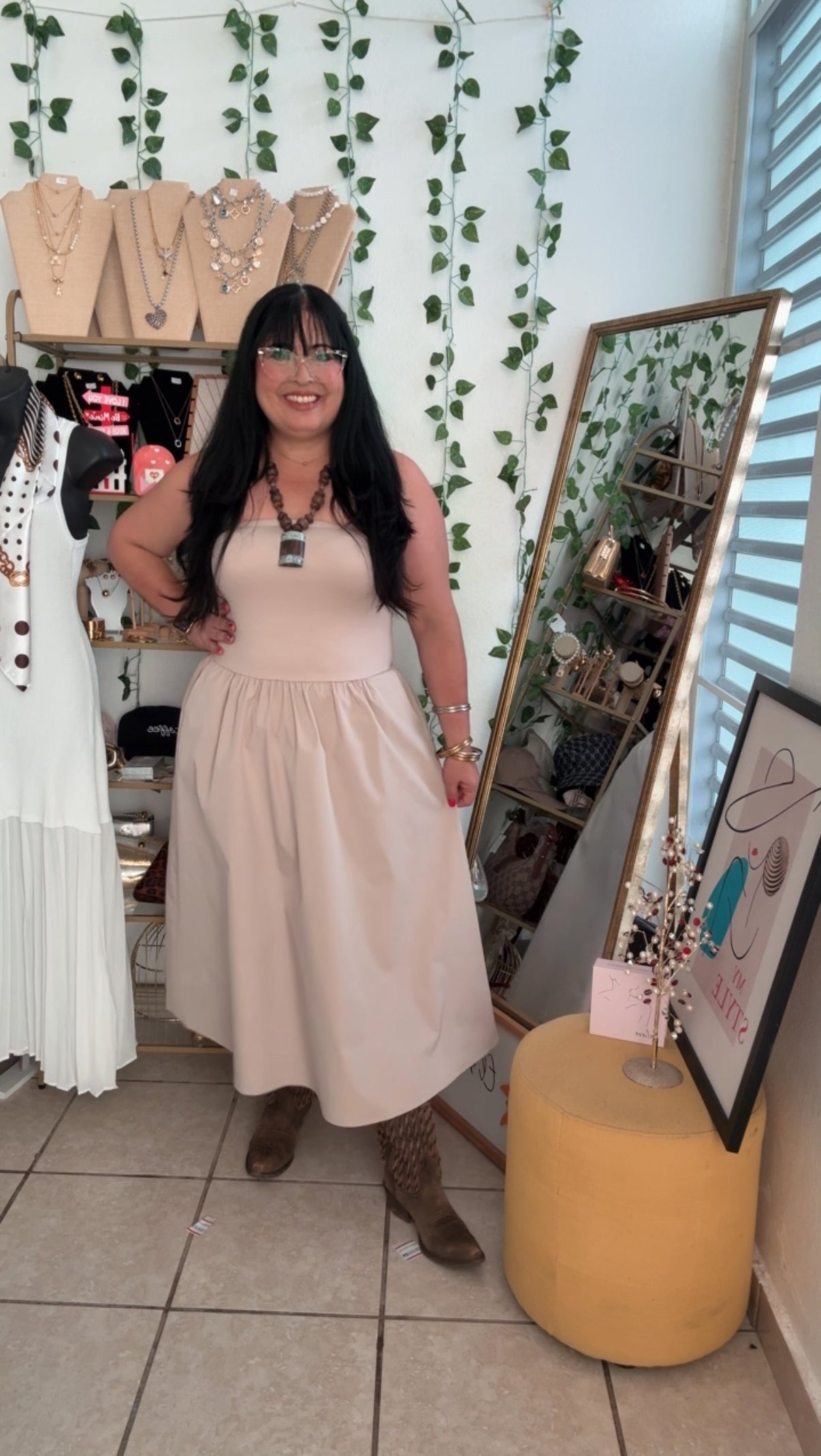 Taupe Strapless Midi Dress
