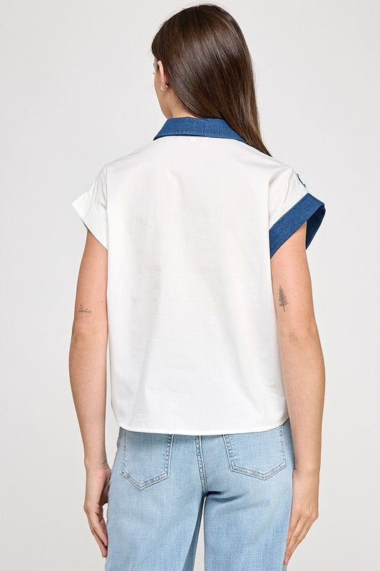 Rhinestone Details Denim Color Block Top