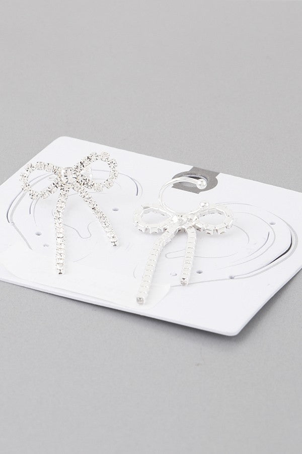 Silver Rhinestone Bow Cuff Earrings