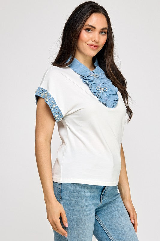 White Rhinestone Detail & Denim Top