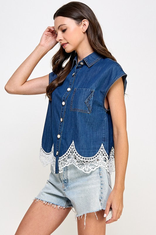 Dark Denim Lace Trim Shirt