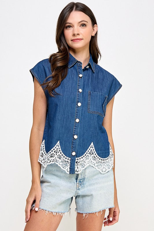 Dark Denim Lace Trim Shirt