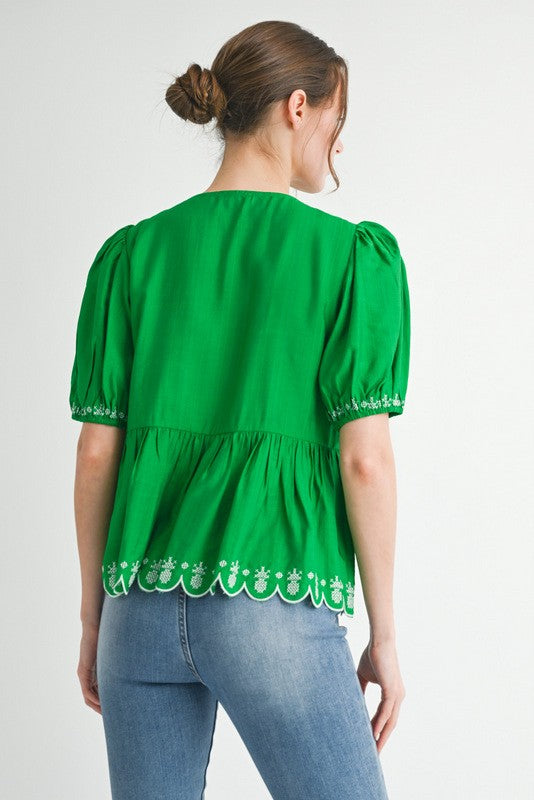 Kelly Green Peplum Embroidery Top
