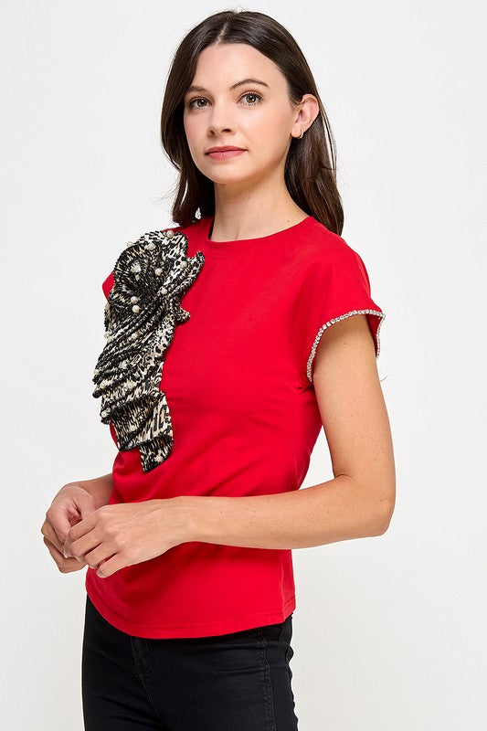 Red Flower in Animal Print Shirt