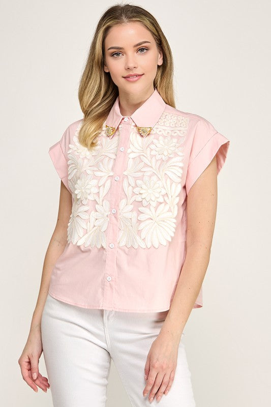 Pink Floral Embroidery Shirt