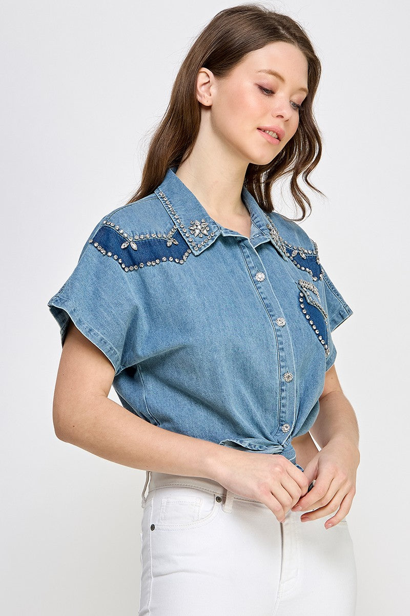 Re-Stock Denim Front Tie Top