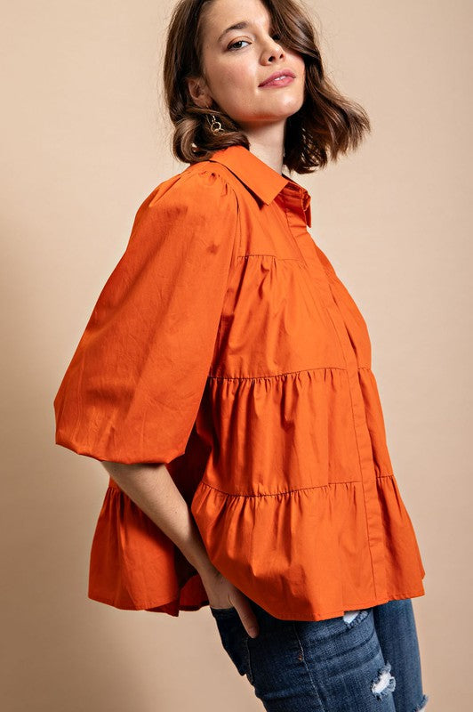 Orange Poplin Button Down Blouse