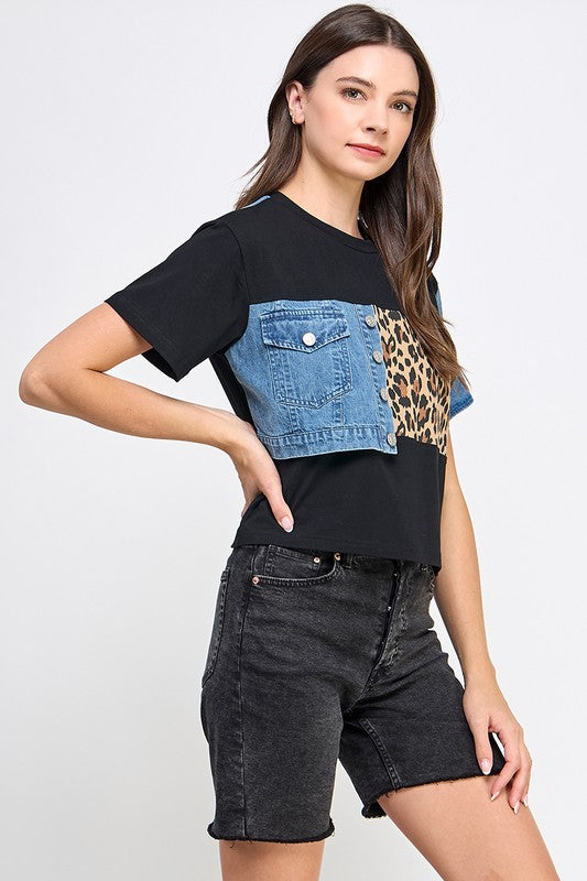 Black Denim & Leopard T-Shirt