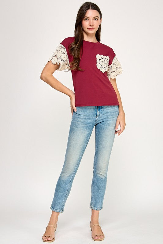 Burgundy Lace Crochet T-Shirt