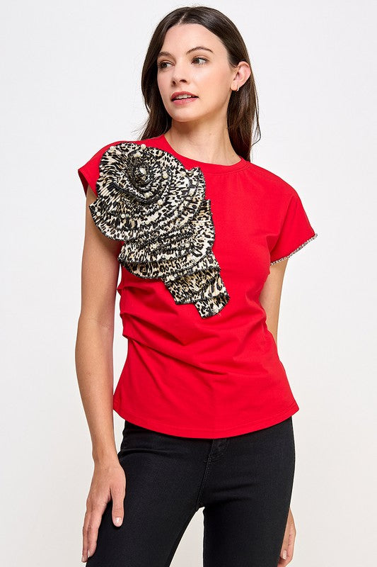 Red Flower in Animal Print Shirt