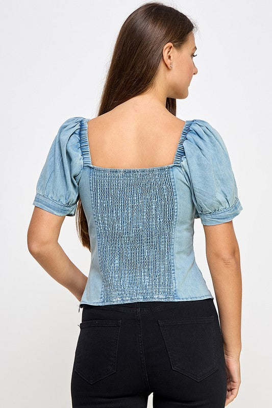 Denim Ribbon & Rhinestone Detail Shirt