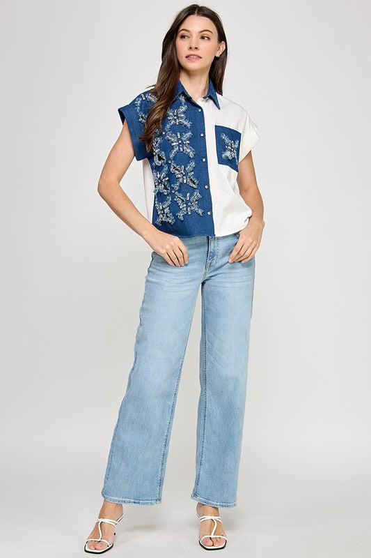 Rhinestone Details Denim Color Block Top
