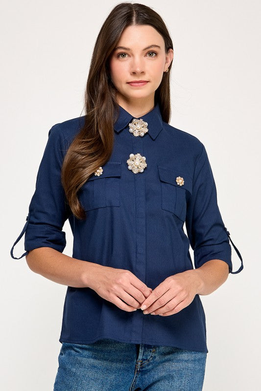 Navy Brooch Details Shirt