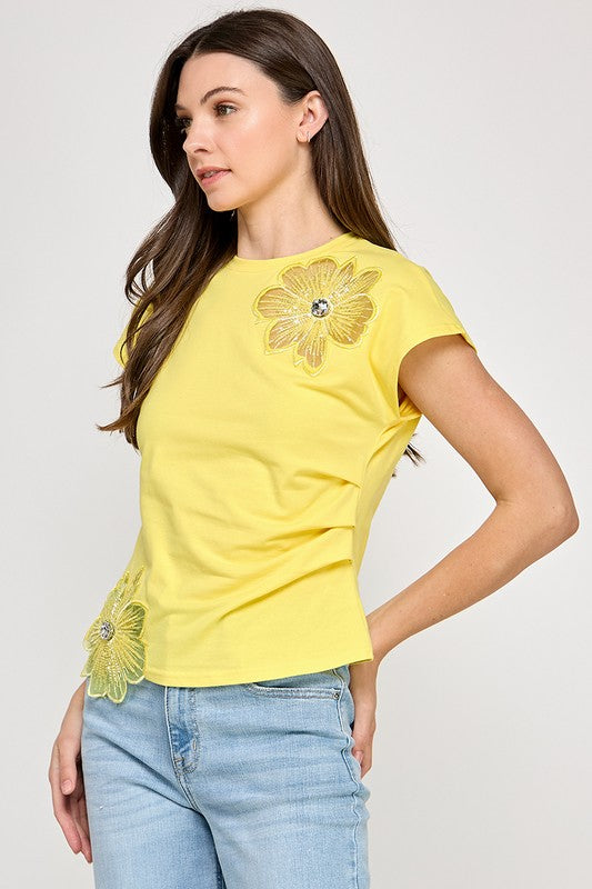 Yellow Rhinestone Flower T- Shirt