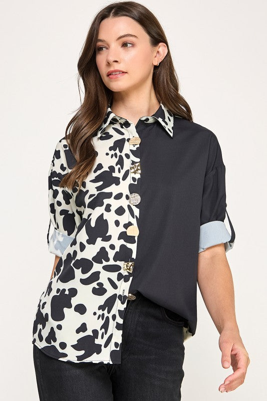 Satin Color Block Animal Print Shirt