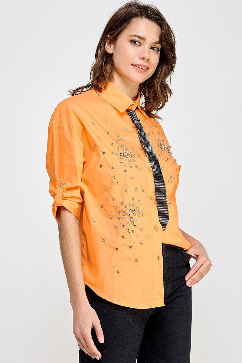 Orange Tie in Rhinestone Shirt