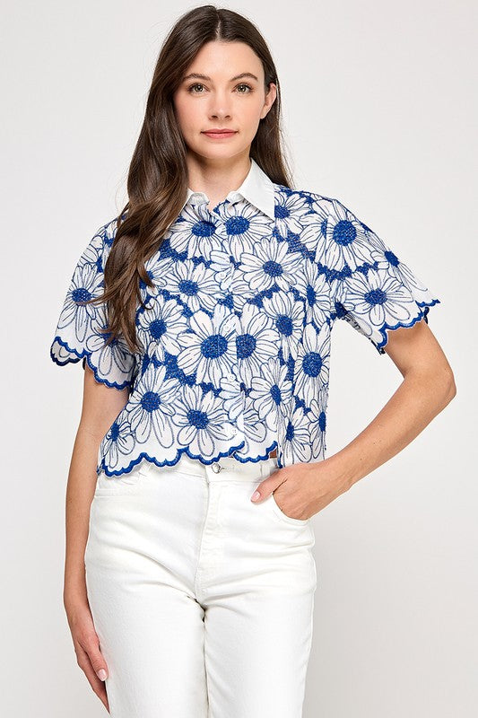 Blue Floral Keyhole Details Shirt