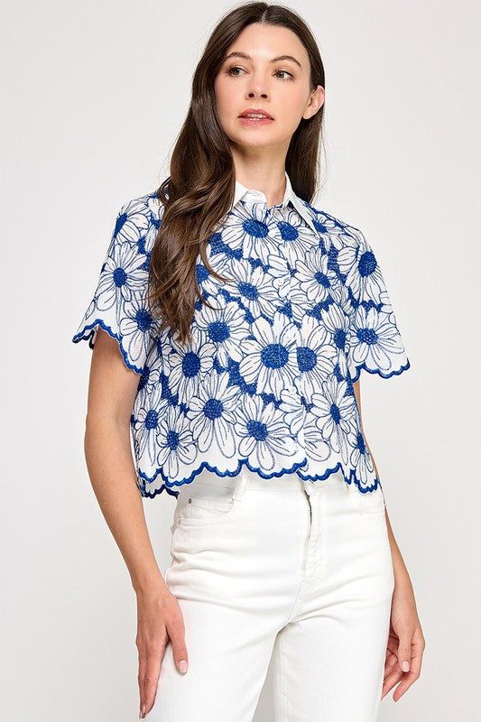 Blue Floral Keyhole Details Shirt