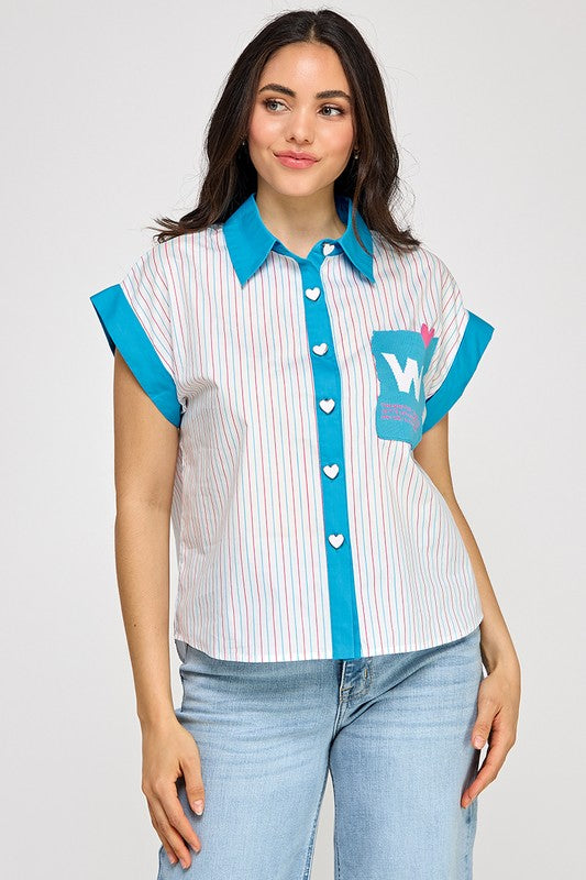 Blue W Button Down Shirt