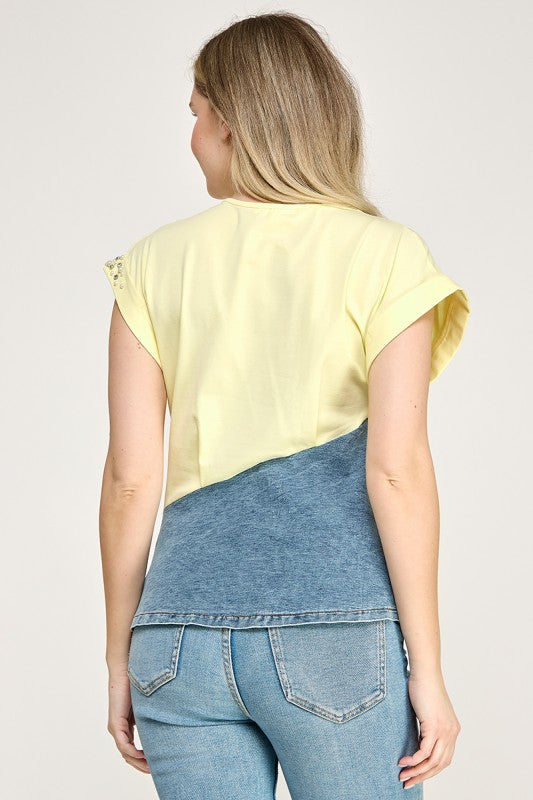 Yellow Color Block Rhinestone T- Shirt
