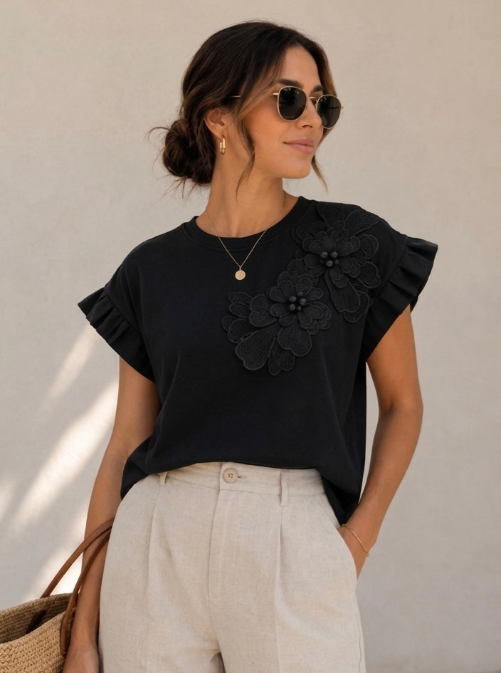 Black Embroidery Flower Top