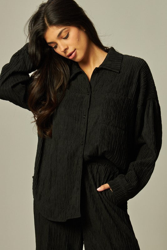 Black Set 2 Pcs Long Sleeve button down Shirt with Wide Leg Pant