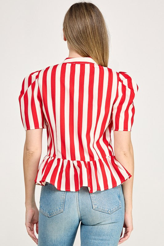 Pre-order Oct 19 Red Puffed Sleeve Mandarin Peplum Shirt