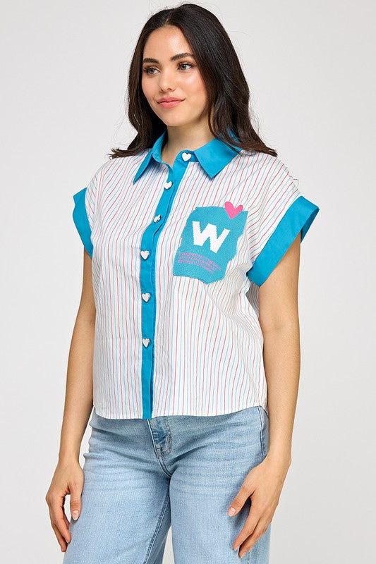 Blue W Button Down Shirt