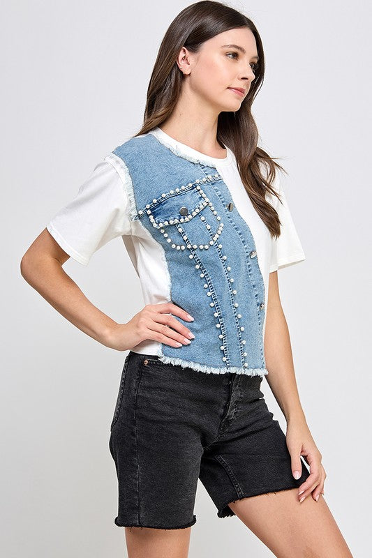 White & Denim Color Block T-Shirt