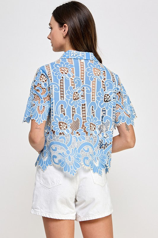 Blue See Through Crochet Shirt