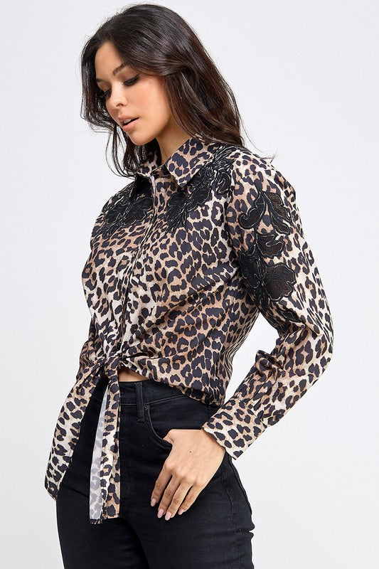 Animal Print Button Down Shirt with Lace