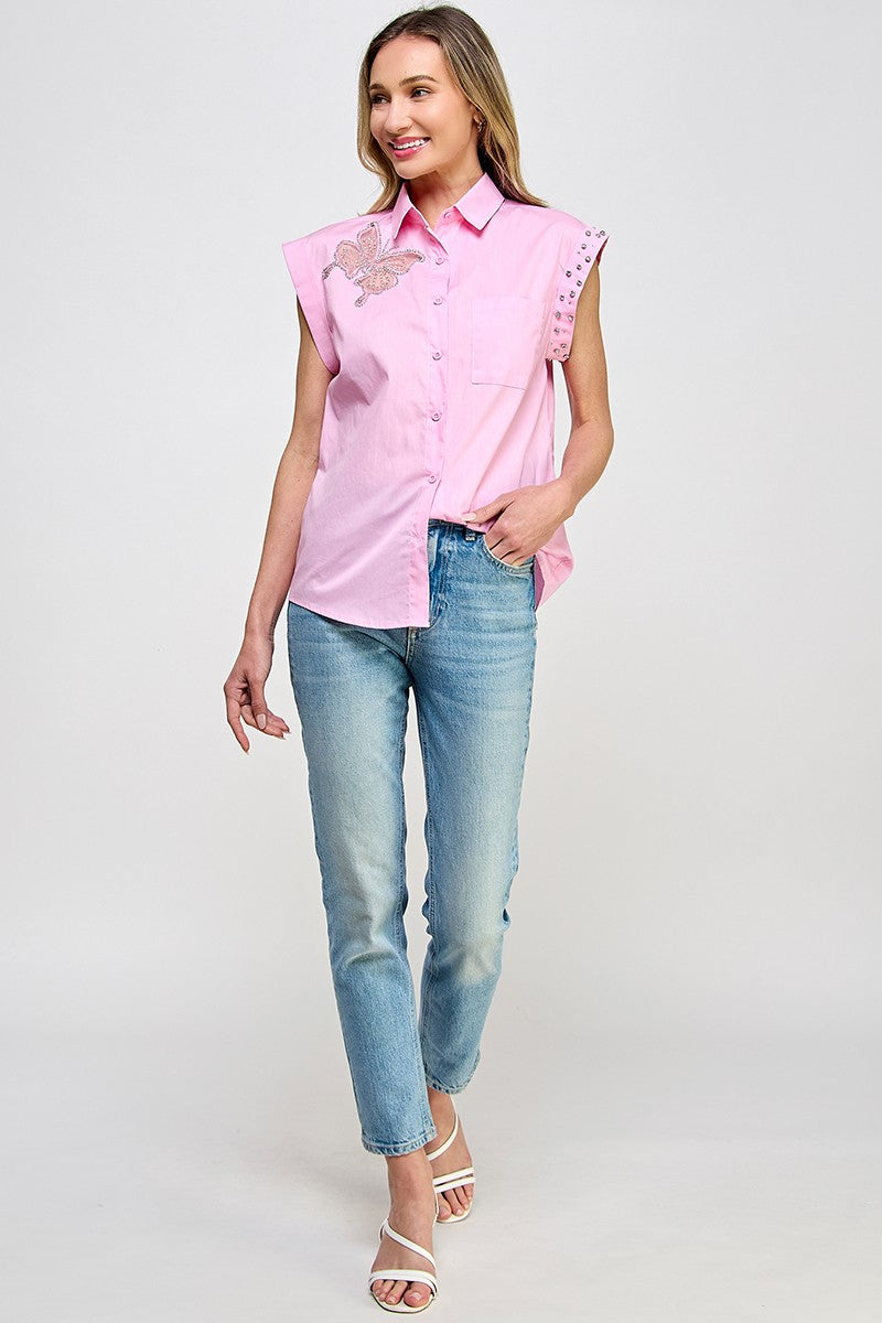 Pink Butterfly in Rhinestone Shirt