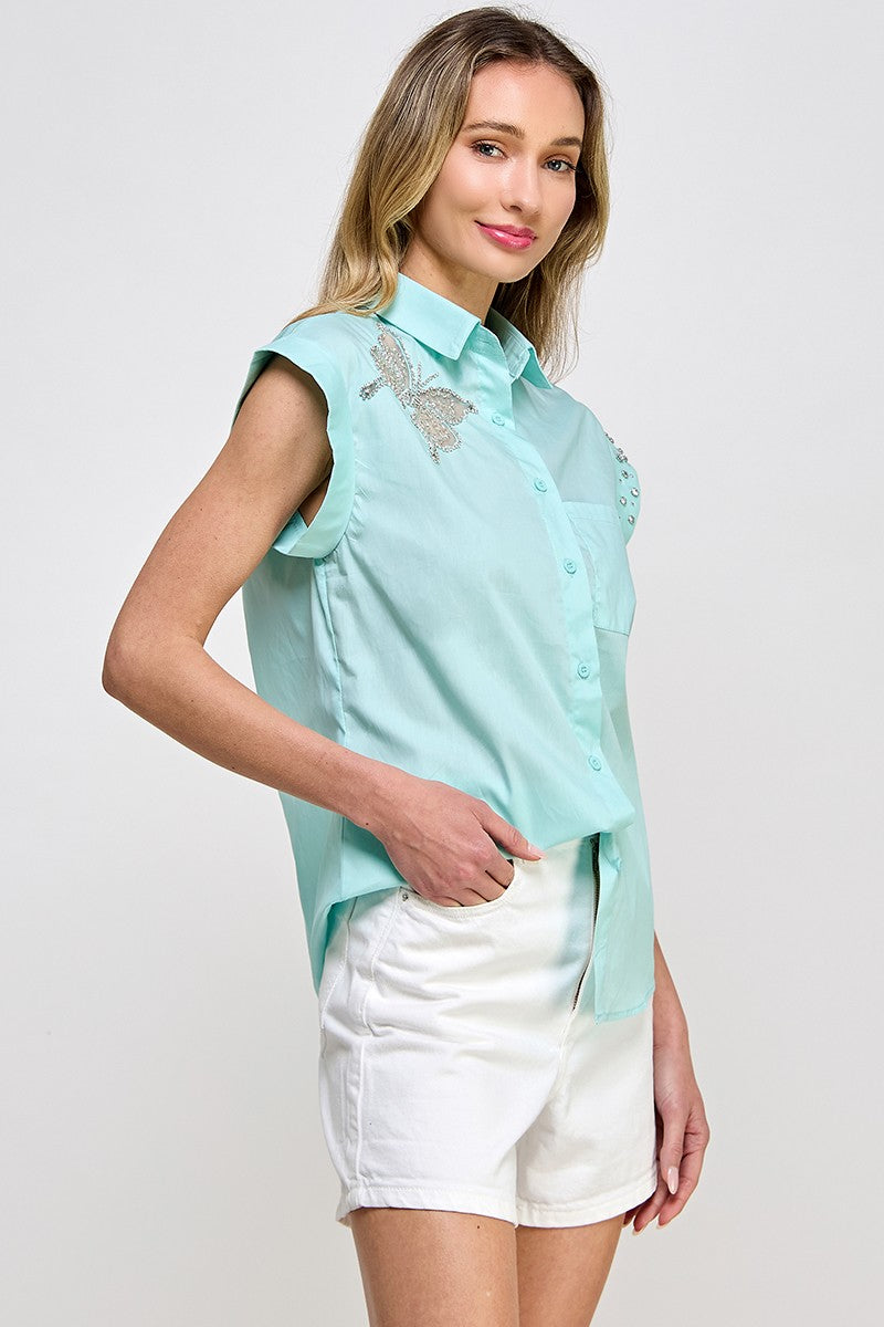Mint Butterfly in Rhinestone Shirt