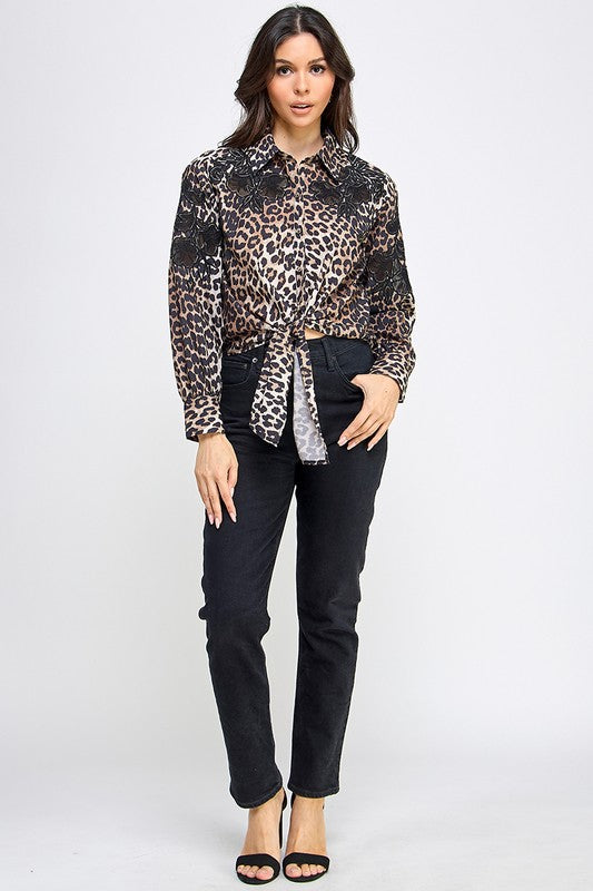 Animal Print Button Down Shirt with Lace