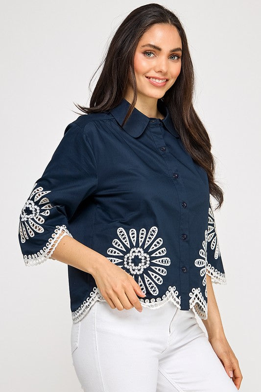 Navy Embroidery Top