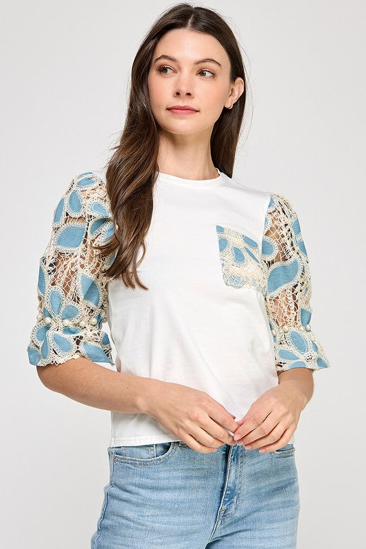 Light Blue Floral Lace Sleeve Shirt